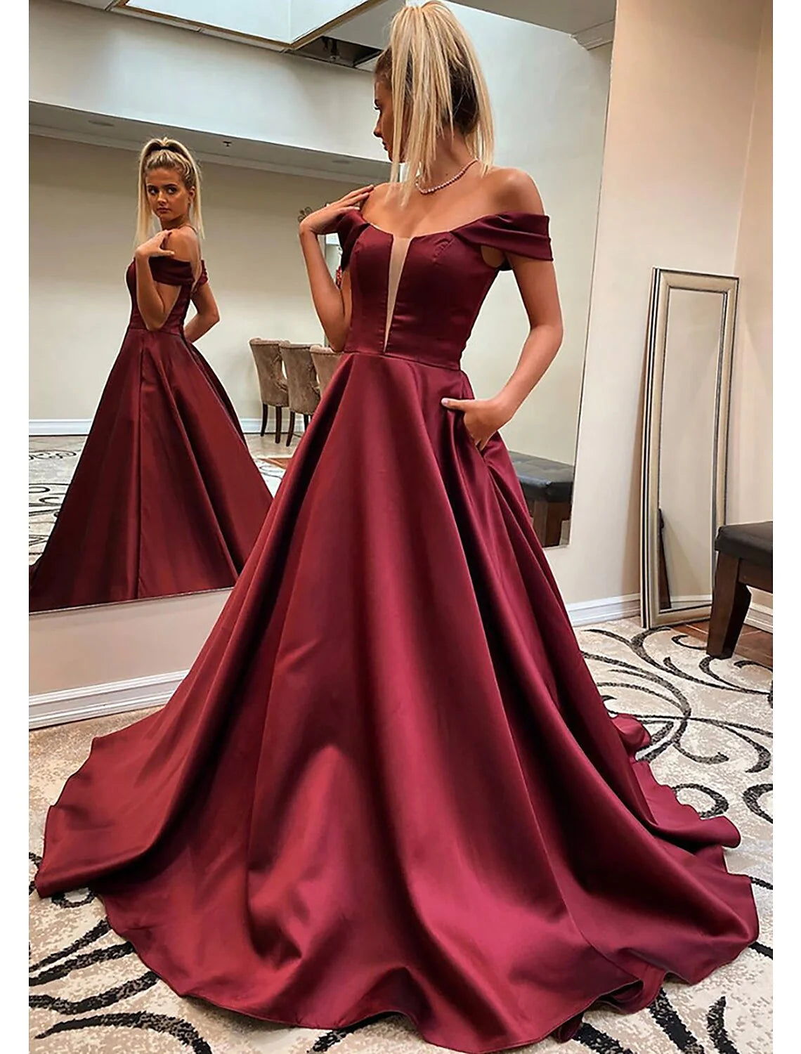 Wholesa A-Line Prom Dresses Princess Dress Formal Sweep / Brush Train Sleeveless Off Shoulder Satin Backless with Pocket