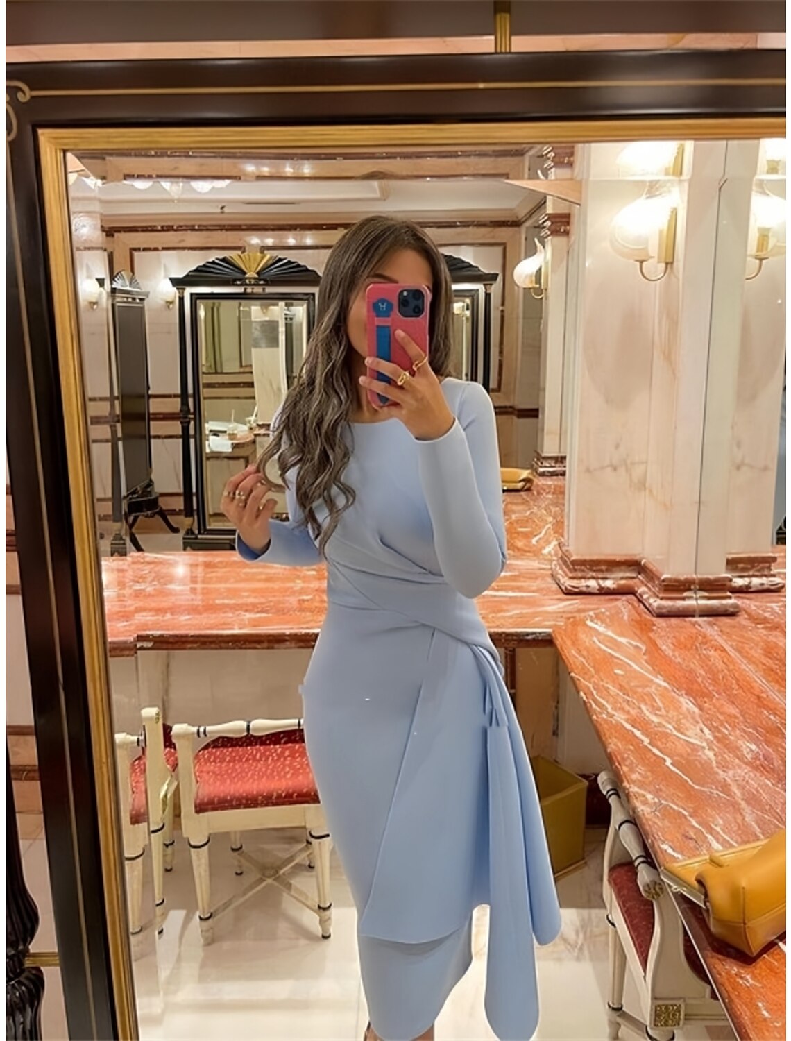 Wholesa  Sheath Formal Dress Cocktail Dresses Elegant Christmas Red Green Dress Formal Fall Knee Length Long Sleeve Jewel Neck Stretch Fabric with Pleats Ruched