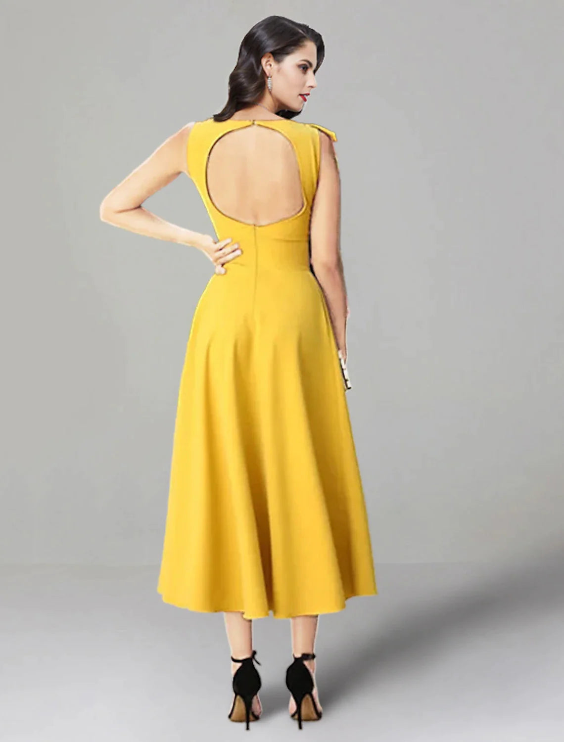 Wholesa A-Line Wedding Guest Dresses Backless Dress Summer Tea Length Sleeveless Jewel Neck Stretch Fabric with Ruffles