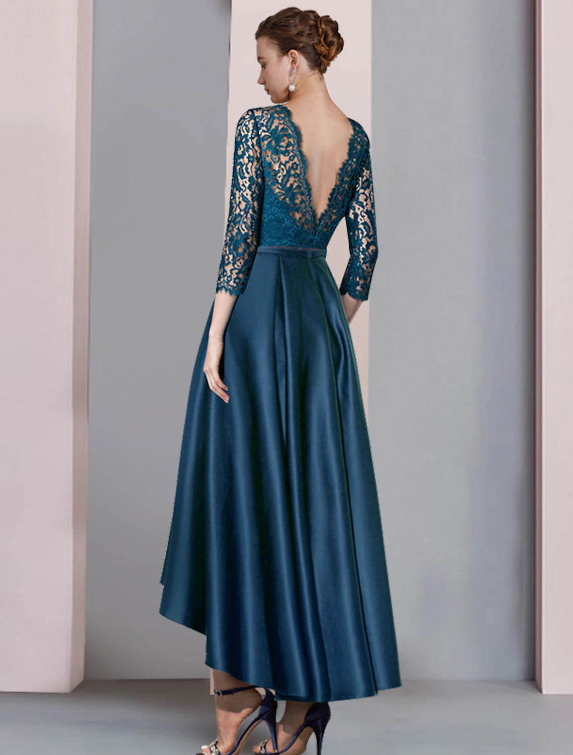 wholesale  A-Line Mother of the Bride Dress Formal Wedding Guest Elegant High Low Scoop Neck Asymmetrical Tea Length Satin Lace Half Sleeve with Pleats