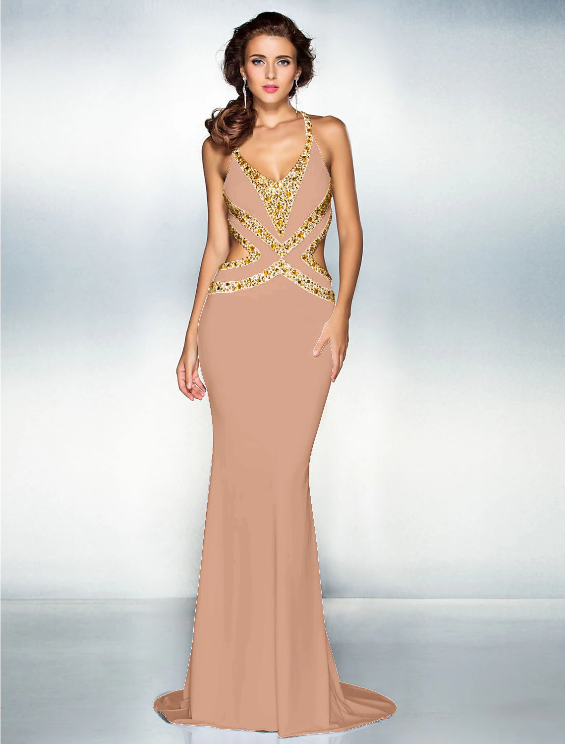 Wholesa Mermaid / Trumpet Sparkle Dress Wedding Guest Engagement Sweep / Brush Train Sleeveless V Neck Jersey Crisscross Back with Crystals