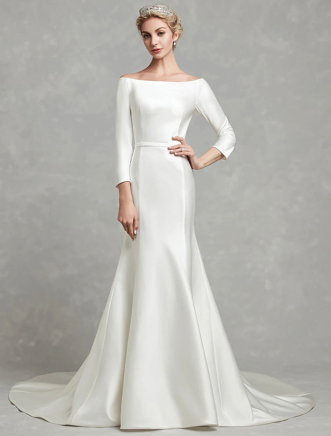 Wholesa Simple Wedding Dresses Mermaid / Trumpet Off Shoulder 3/4 Length Sleeve Chapel Train Satin Bridal Gowns With Pleats Summer Wedding Party