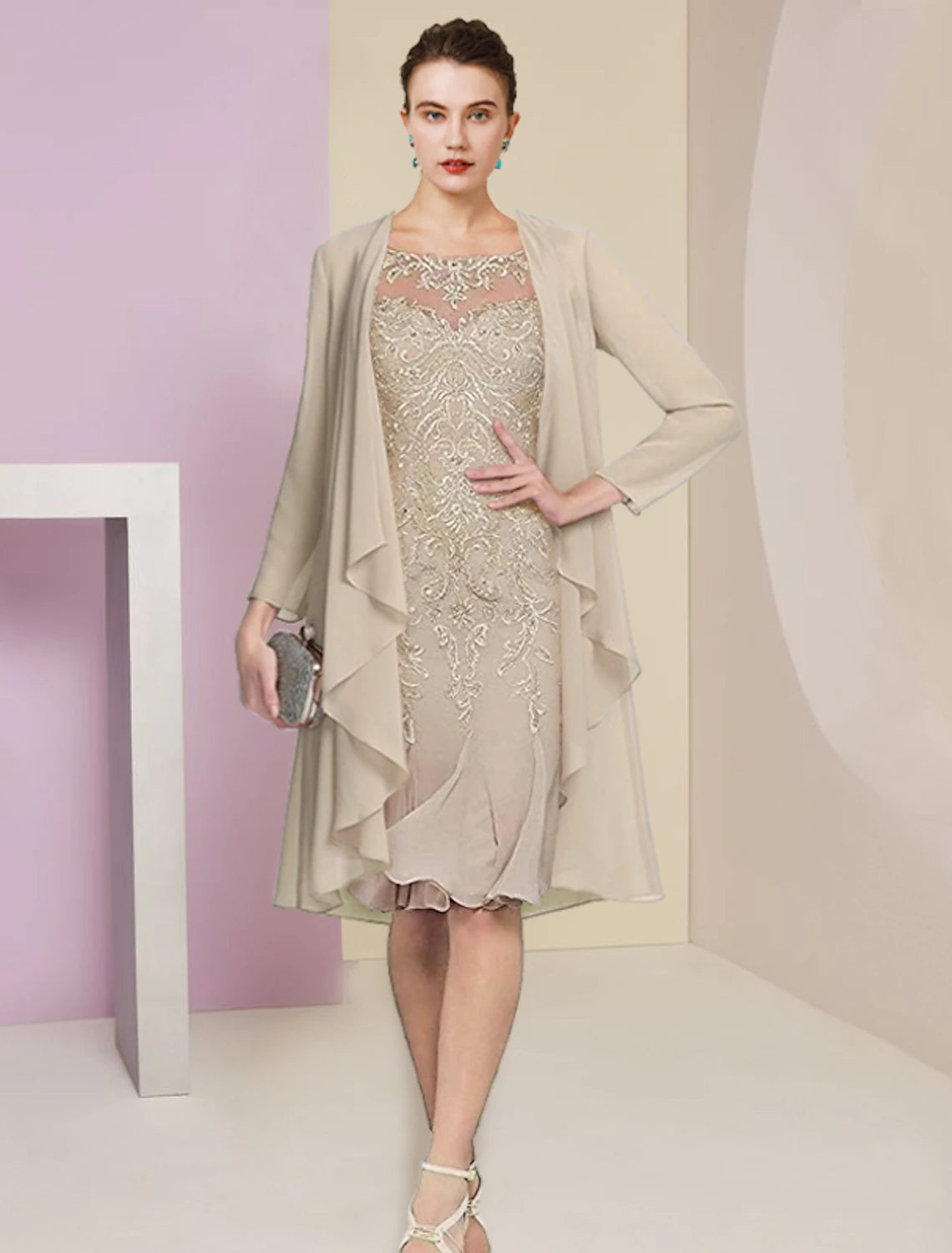 wholesale  Two Piece Mermaid / Trumpet Mother of the Bride Dress Formal Wedding Guest Vintage Elegant Scoop Neck Knee Length Chiffon Lace Half Sleeve Jacket Dresses with Pleats Appliques