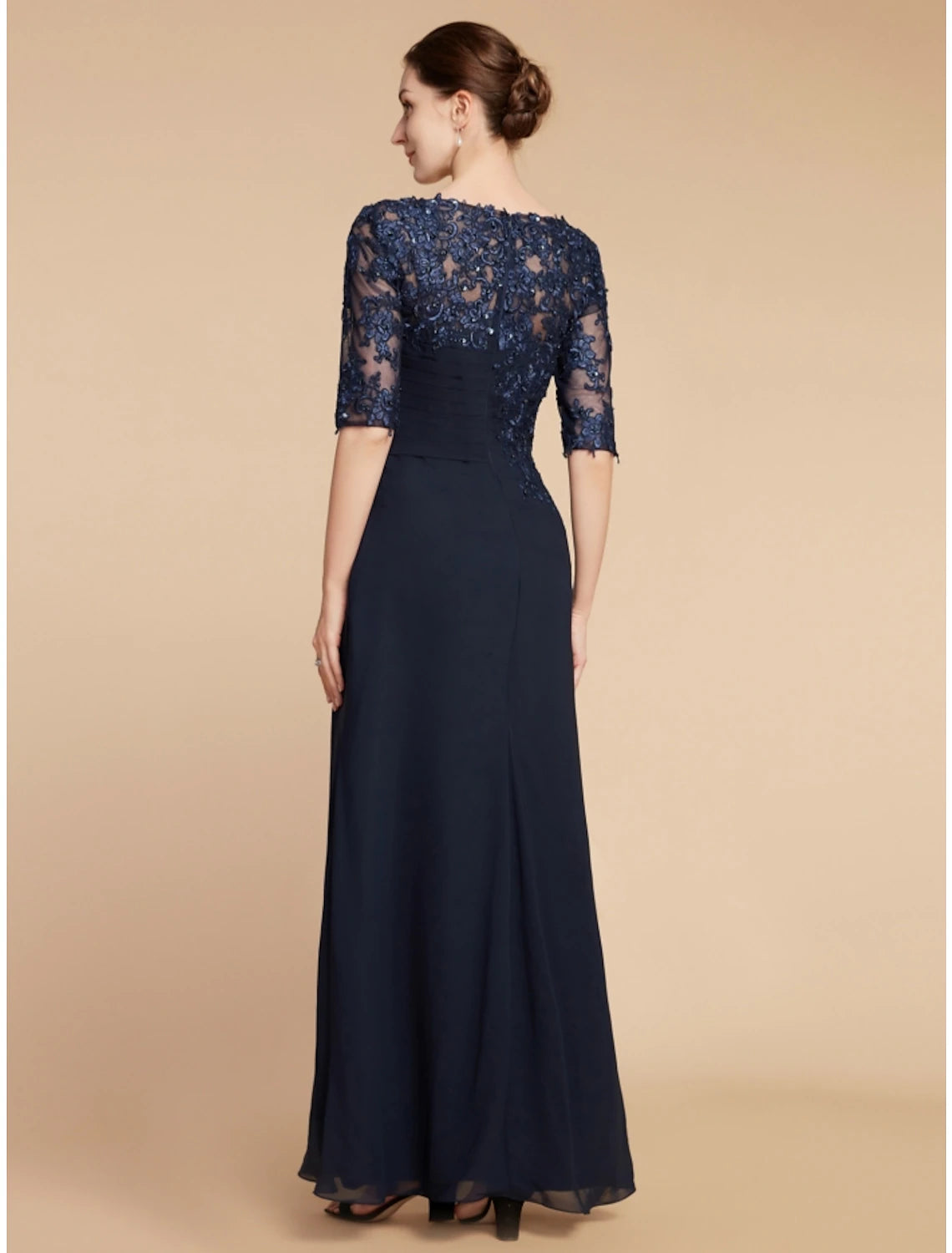 Wholesa Sheath / Column Mother of the Bride Dress Wedding Guest Elegant Scoop Neck Ankle Length Chiffon Lace Half Sleeve with Sequin Ruching Solid Color