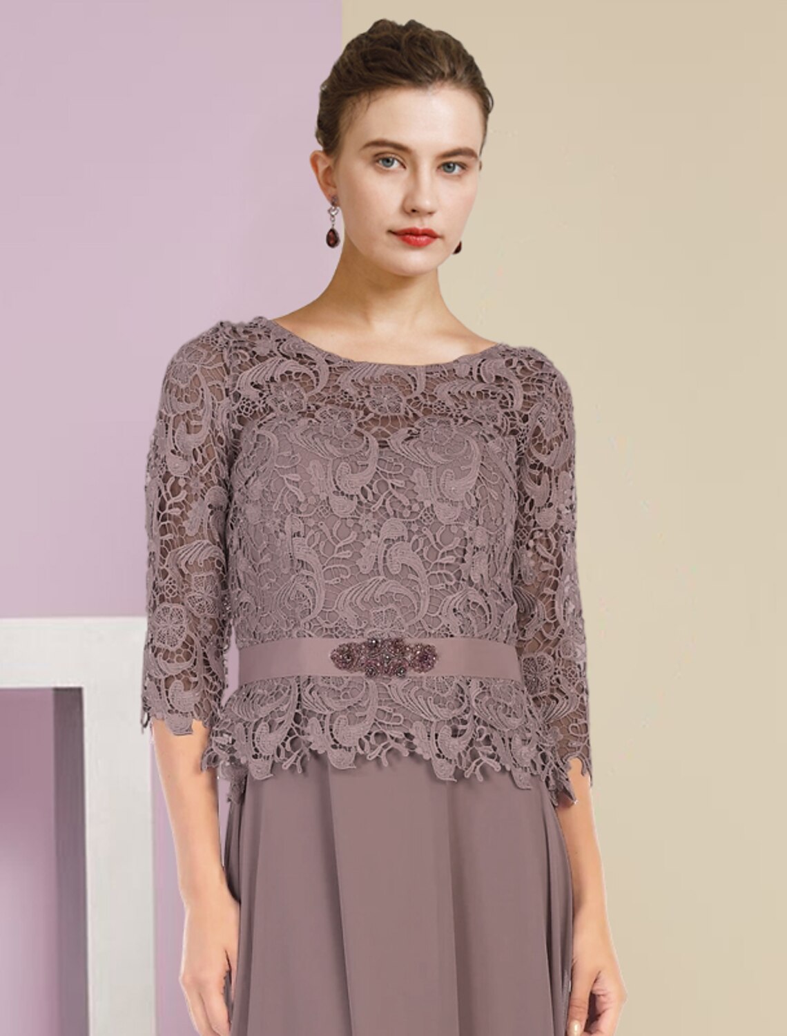 wholesale  Two Piece A-Line Mother of the Bride Dress Formal Wedding Guest Elegant Scoop Neck Floor Length Chiffon Lace 3/4 Length Sleeve Wrap Included with Appliques Crystal Brooch