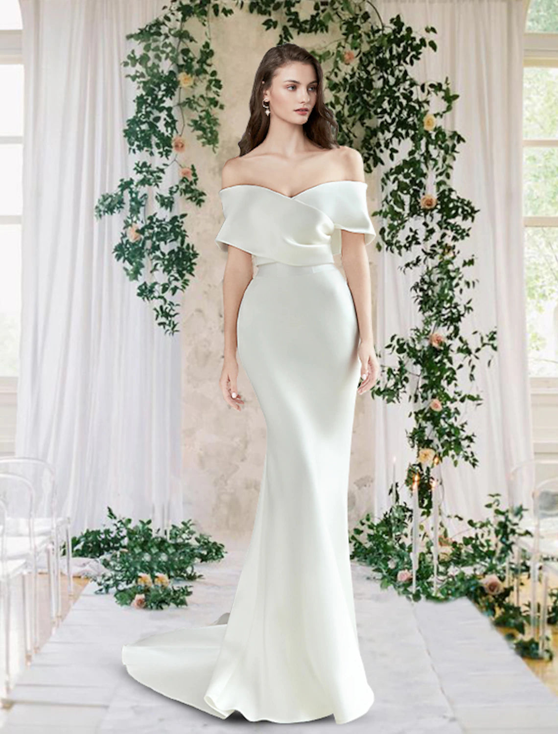 wholesale  Hall Casual Fall Wedding Dresses Sheath / Column Off Shoulder Cap Sleeve Chapel Train Satin Bridal Gowns With Ruched