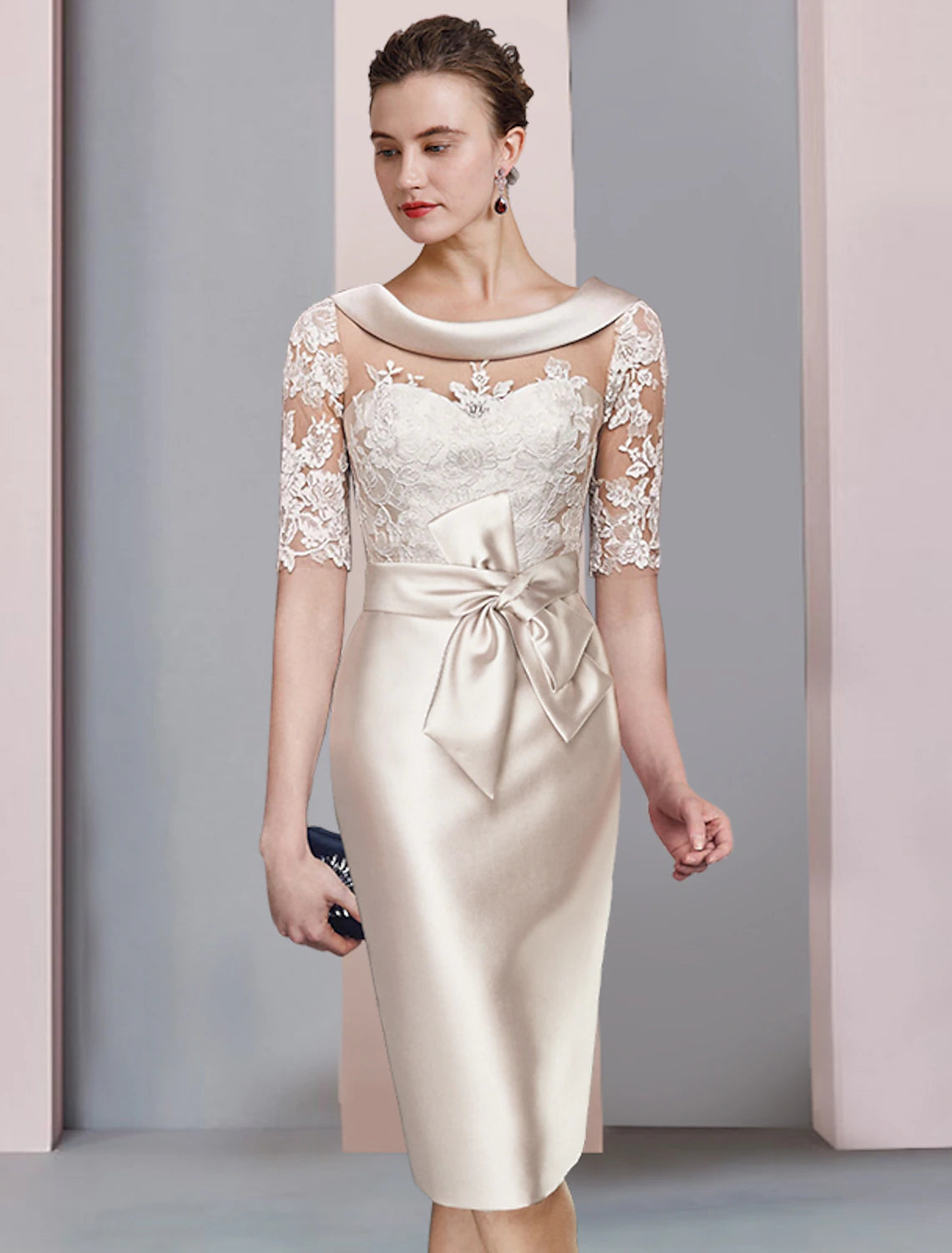 wholesale  Sheath / Column Mother of the Bride Dress Wedding Guest Elegant Scoop Neck Knee Length Satin Lace Half Sleeve with Bow(s) Appliques
