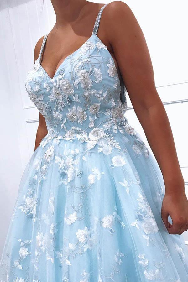 Wholesa A-Line Lace Appliques Tulle Blue Long Prom Dresses Evening Dress