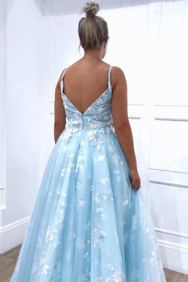 Wholesa A-Line Lace Appliques Tulle Blue Long Prom Dresses Evening Dress