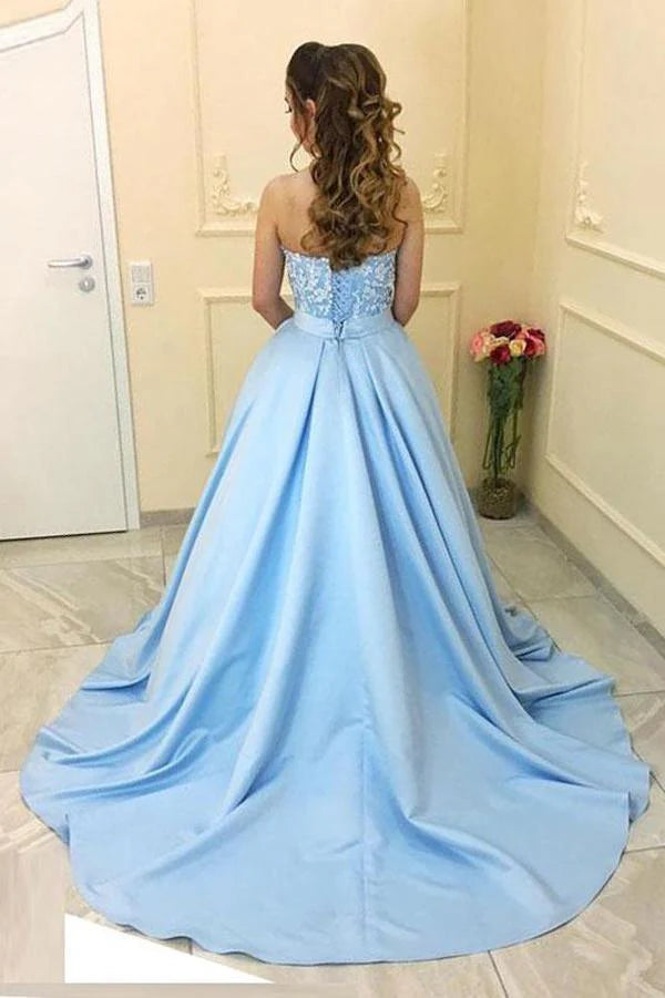 Wholesa A-line Princess Sweetheart Neck Strapless Blue Satin Long Prom Dresses
