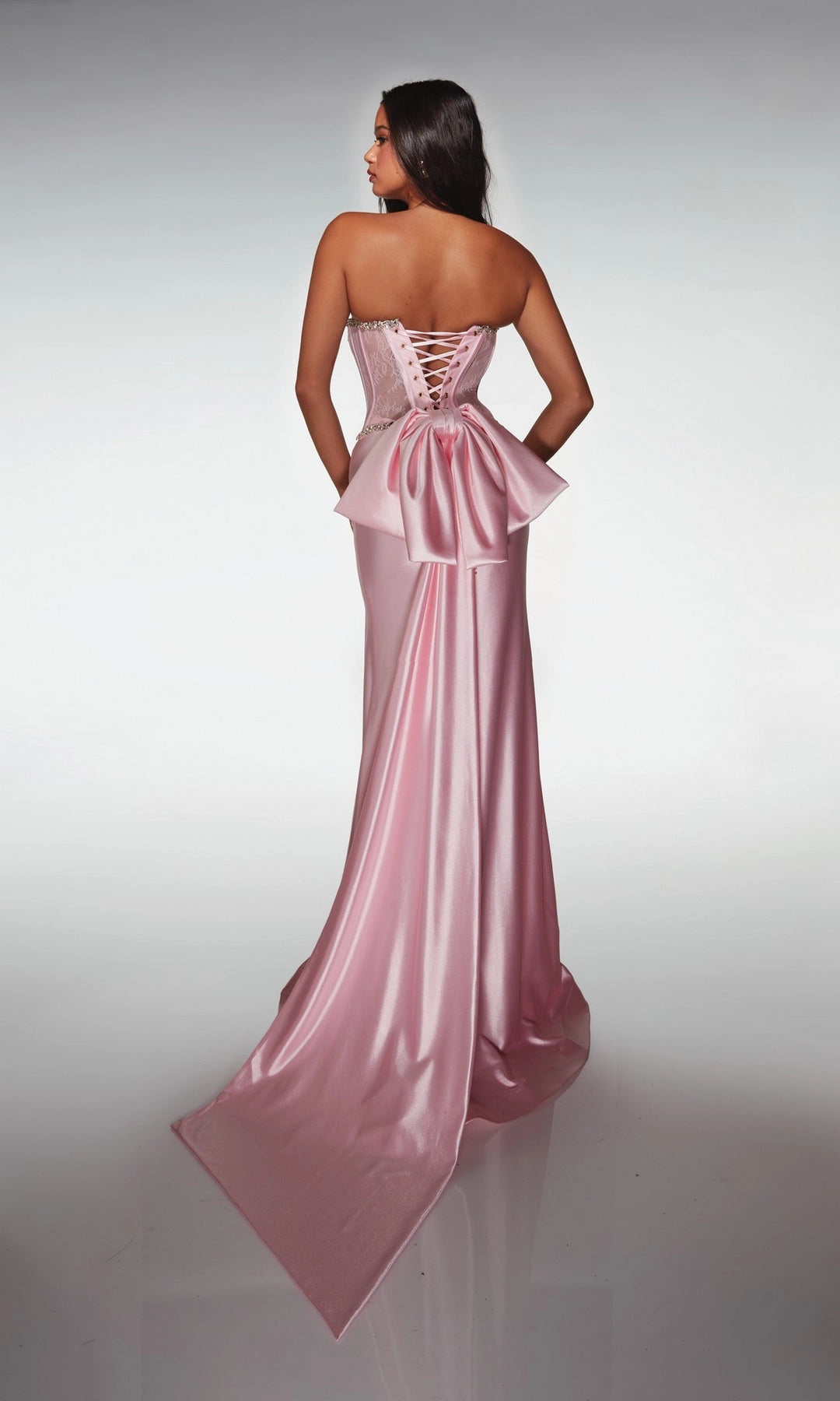 Strapless Pink Satin Corset Mermaid Gown With Back Bow