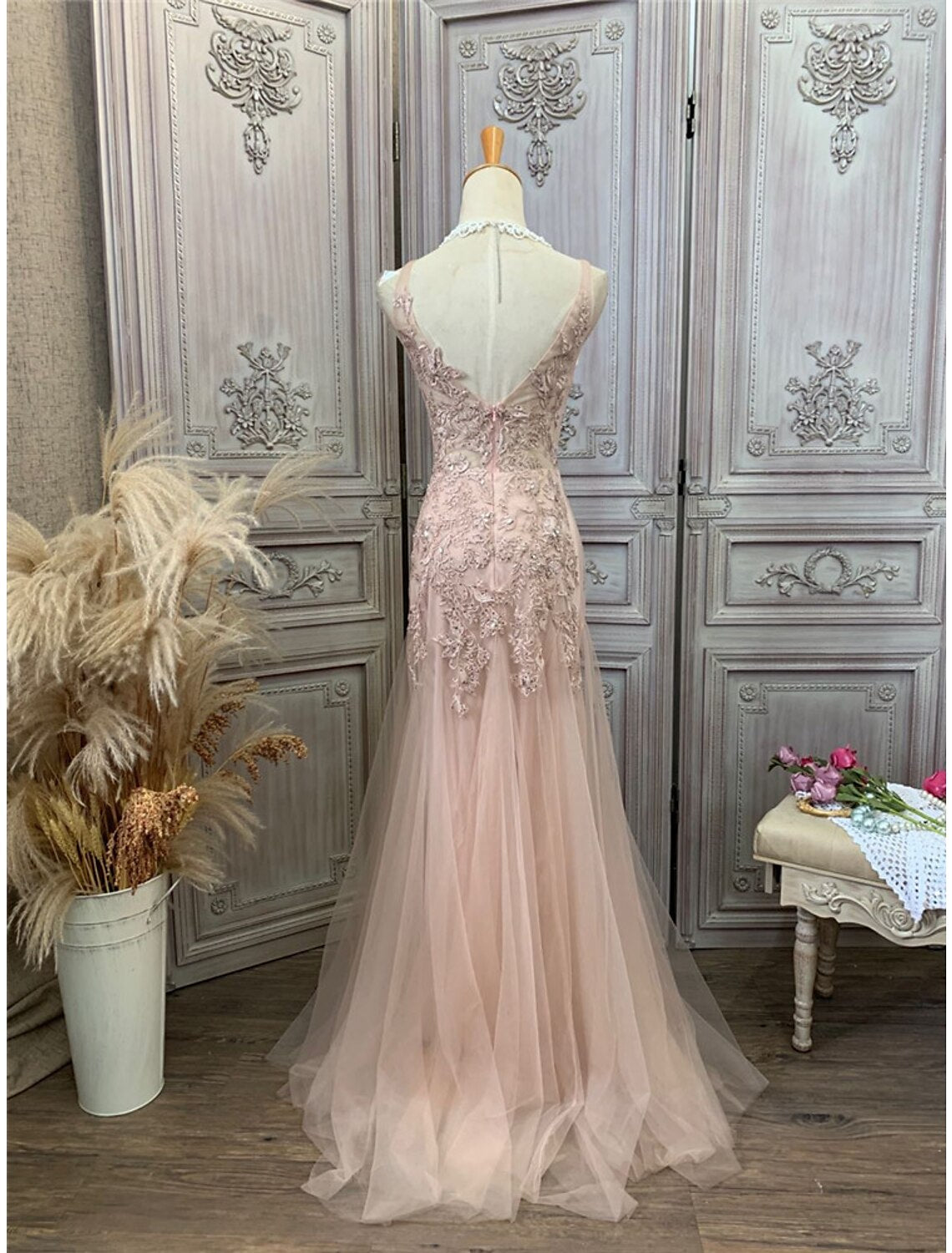 wholesale  Mermaid / Trumpet Prom Dresses Maxi Dress Party Wear Wedding Party Sweep / Brush Train Sleeveless V Neck Tulle with Appliques
