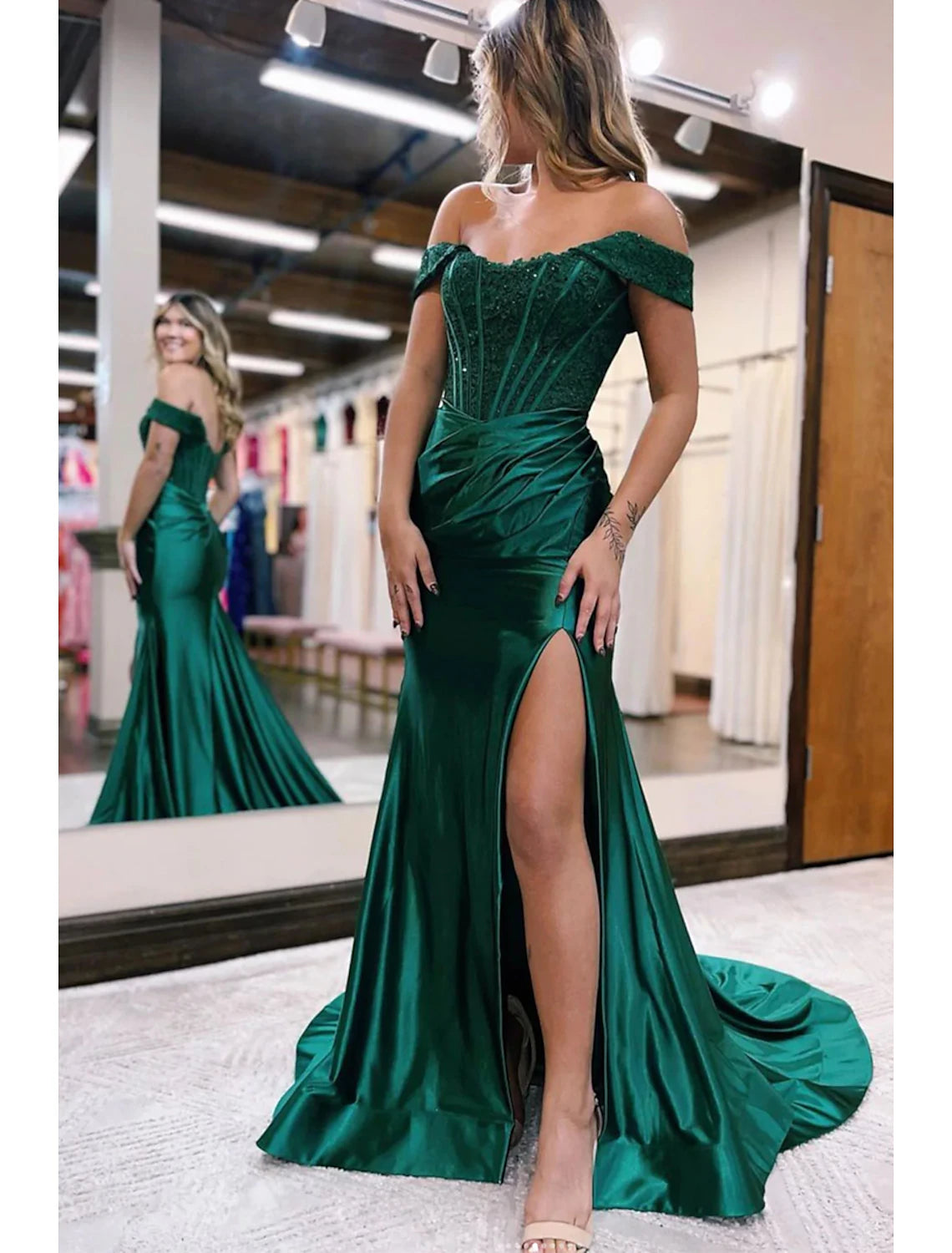 Wholesa Mermaid / Trumpet Evening Gown Empire Dress Formal Prom Court Train Sleeveless Off Shoulder Imitation Silk with Slit Appliques