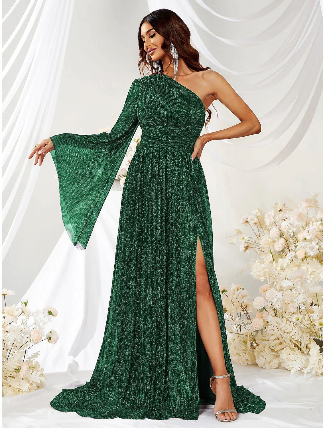 Wholesa A-Line Wedding Guest Dresses Sparkle & Shine Dress Formal Evening Party Sweep / Brush Train Long Sleeve One Shoulder Polyester with Glitter Slit