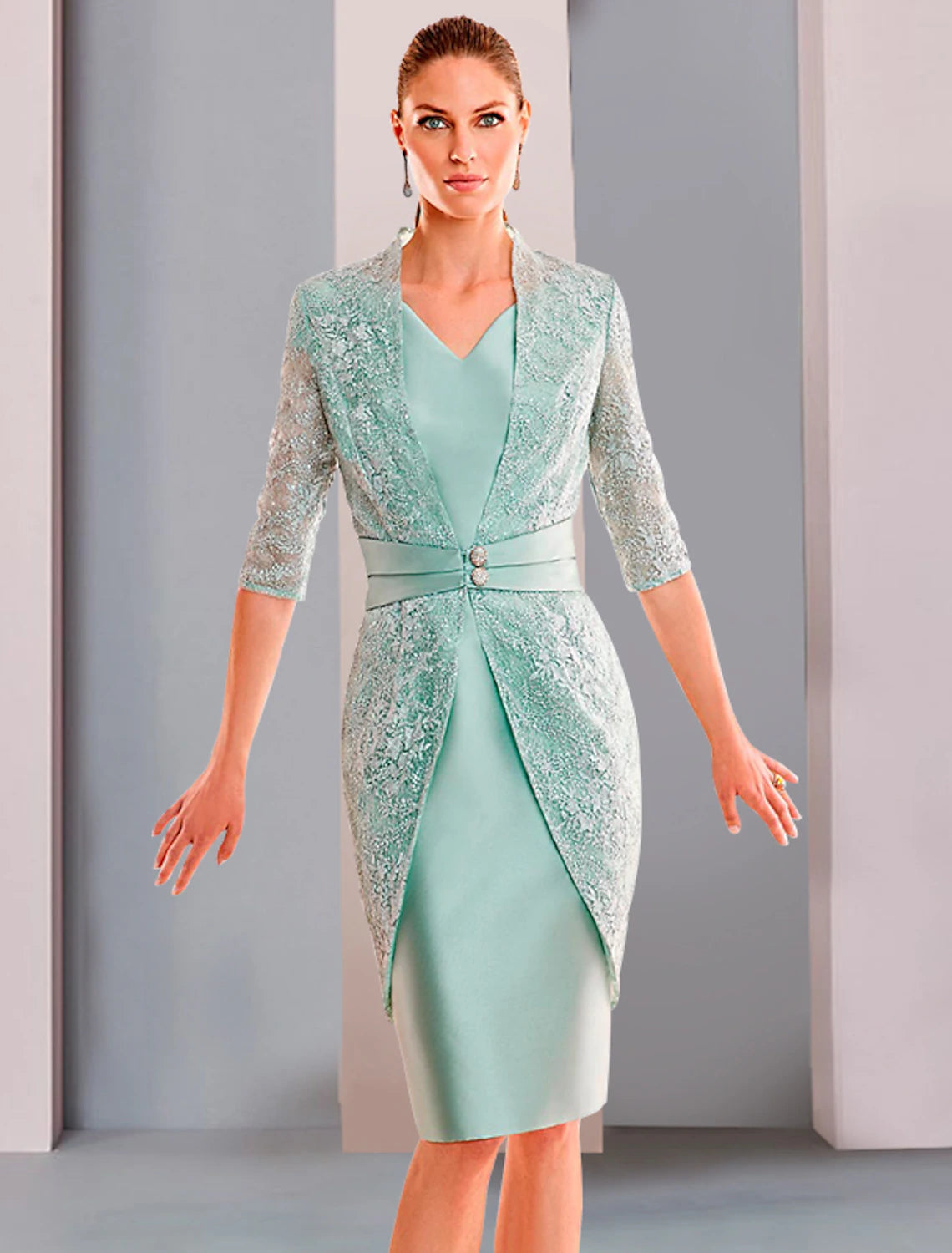 wholesale  Sheath / Column Mother of the Bride Dress Formal Wedding Guest Minimalist Elegant V Neck Knee Length Satin Lace Half Sleeve with Solid Color