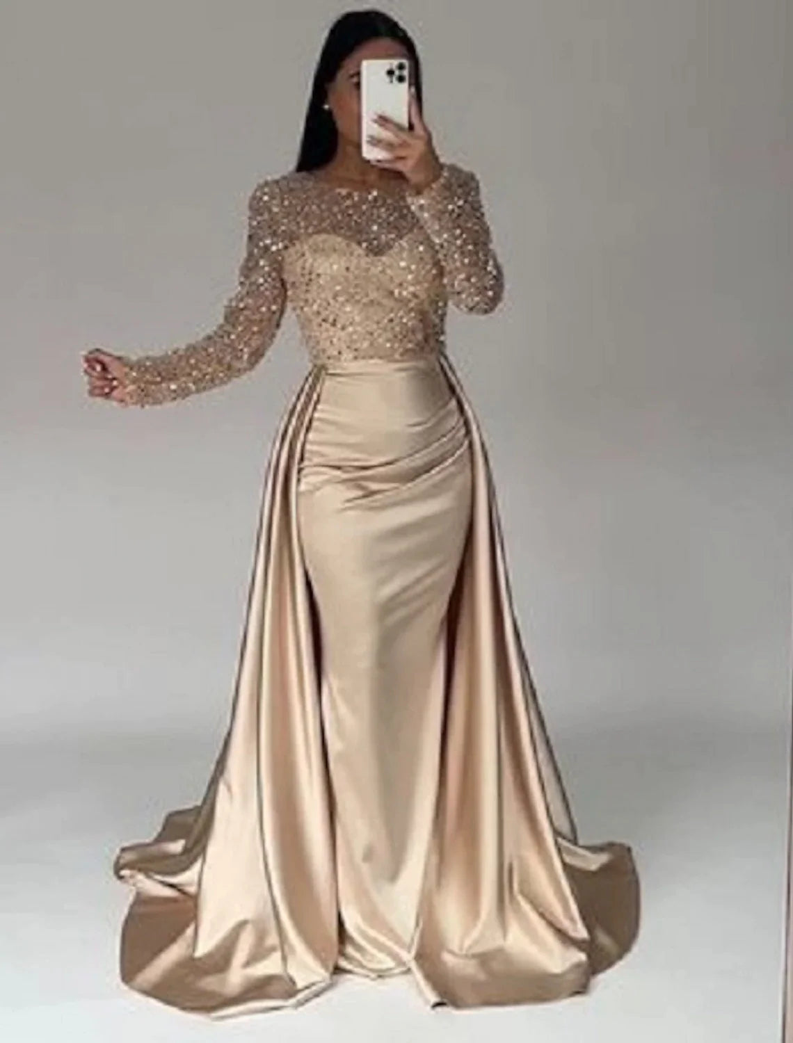Wholesa Mermaid / Trumpet Evening Gown Sparkle & Shine Dress Carnival Masquerade Floor Length Long Sleeve Illusion Neck Fall Wedding Reception Satin with Pearls Overskirt