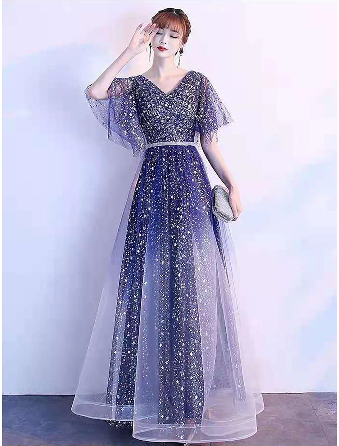 Wholesa A-Line Ombre Prom Birthday Dress V Neck Short Sleeve Floor Length Tulle with Sash / Ribbon Crystals