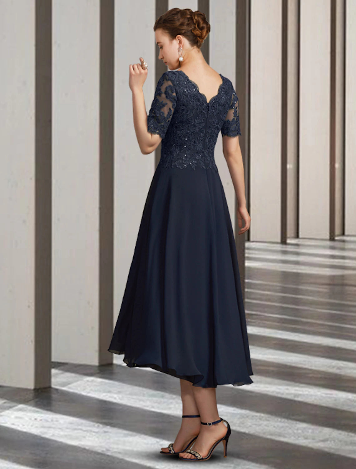 wholesale  A-Line Mother of the Bride Dress Elegant High Low V Neck Asymmetrical Tea Length Chiffon Lace Short Sleeve with Pleats Appliques