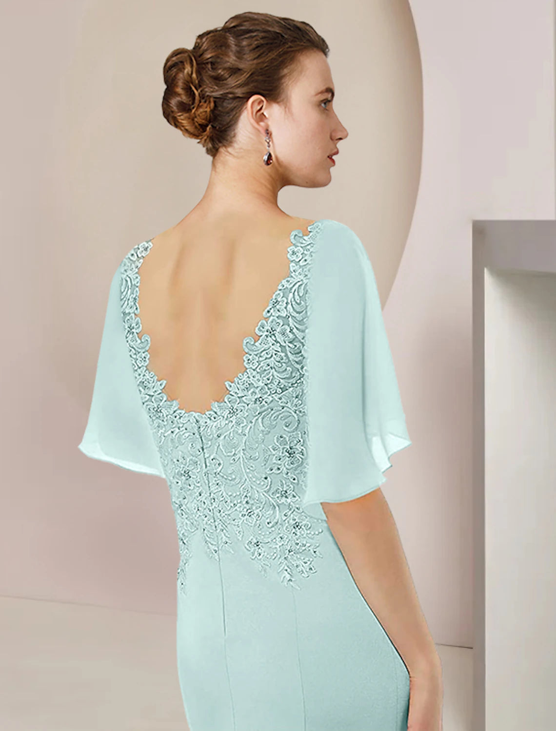 wholesale  A-Line Mother of the Bride Dress Formal Wedding Guest Elegant High Low V Neck Asymmetrical Tea Length Chiffon Lace Short Sleeve with Pleats Appliques