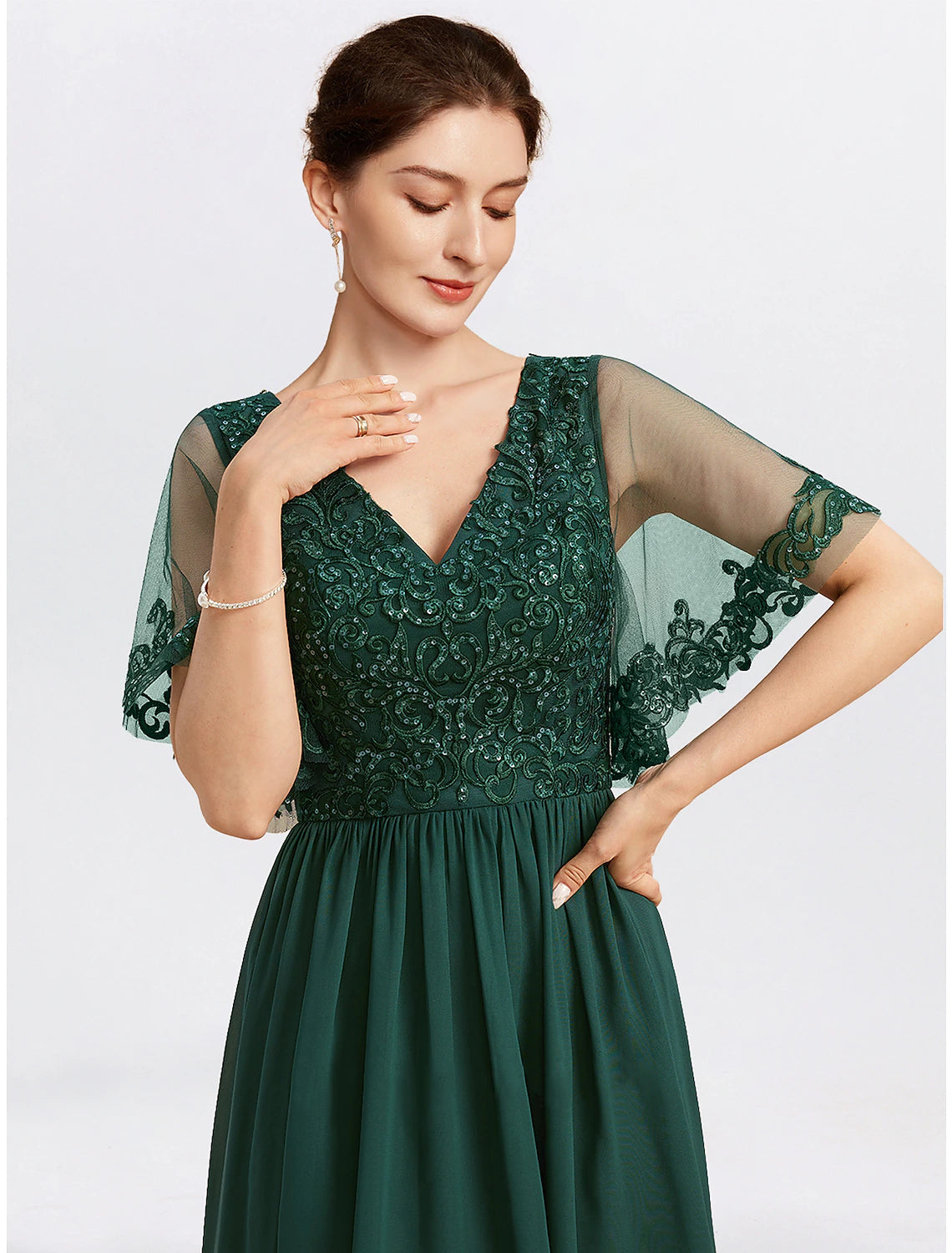 Wholesa A-Line Mother of the Bride Dress Formal Wedding Guest Elegant Cape Dress V Neck Tea Length Chiffon Short Sleeve with Beading Appliques