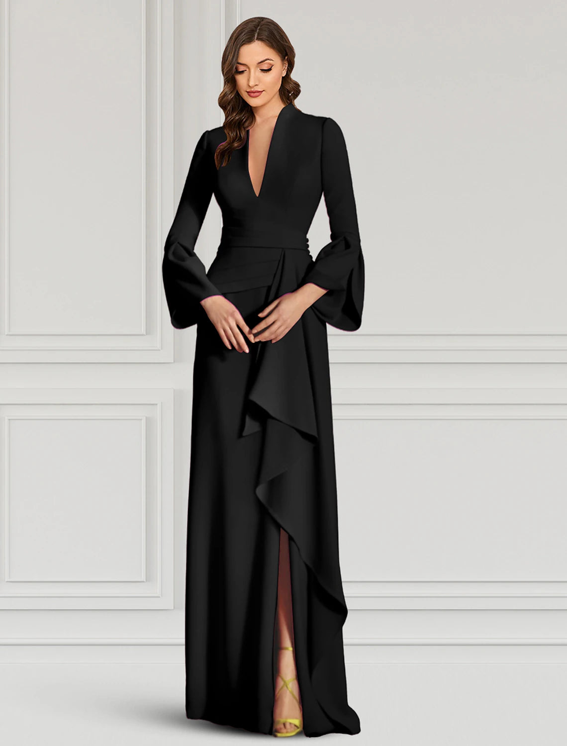 Wholesa  Sheath Evening Gown Elegant Black Dress Formal Cocktail Party Dress Floor Length Long Sleeve V Neck Fall Wedding Guest Stretch Fabric with Ruffles