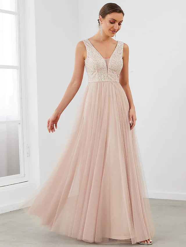 Wholesa A-Line Evening Gown Elegant Dress Wedding Guest Floor Length Sleeveless V Neck Tulle V Back with Sequin Draping