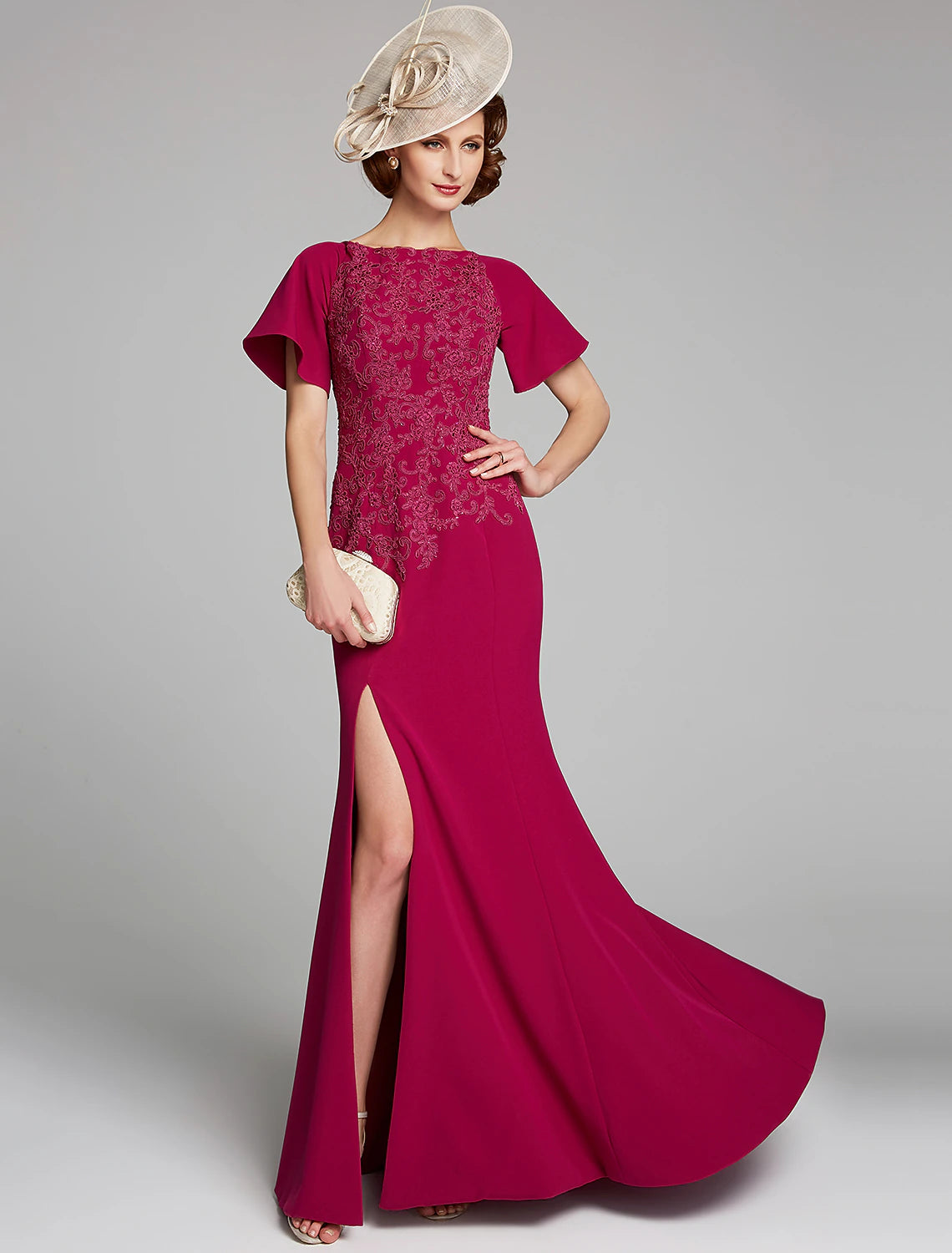 wholesale   Mermaid / Trumpet Mother of the Bride Dress Bateau Neck Floor Length Chiffon Lace Short Sleeve with Lace Split Front