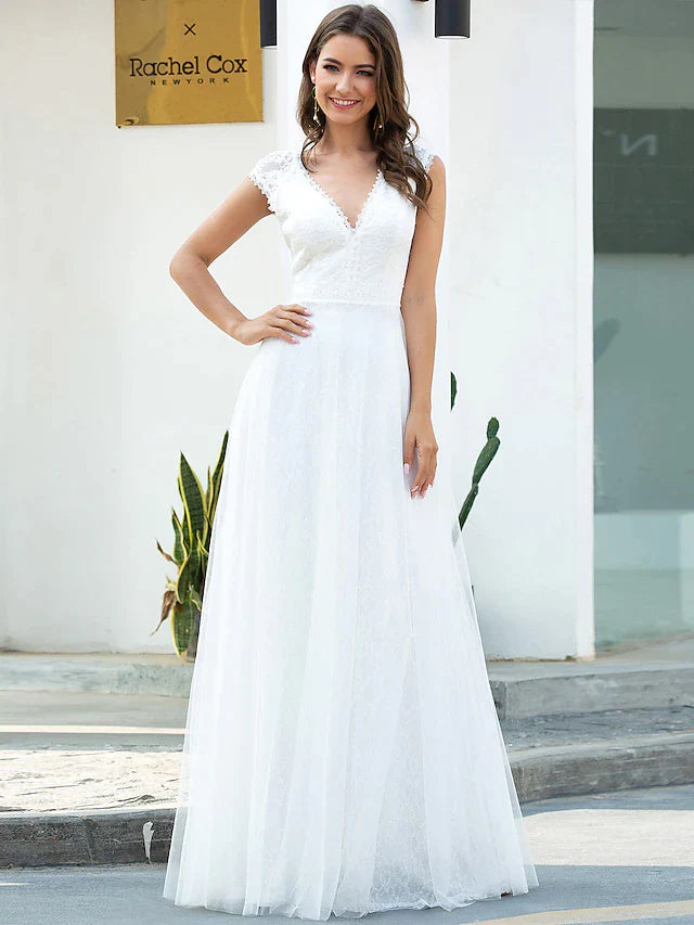 Wholesa Beach Wedding Dresses Floor Length A-Line Short Sleeve V Neck Lace With Lace