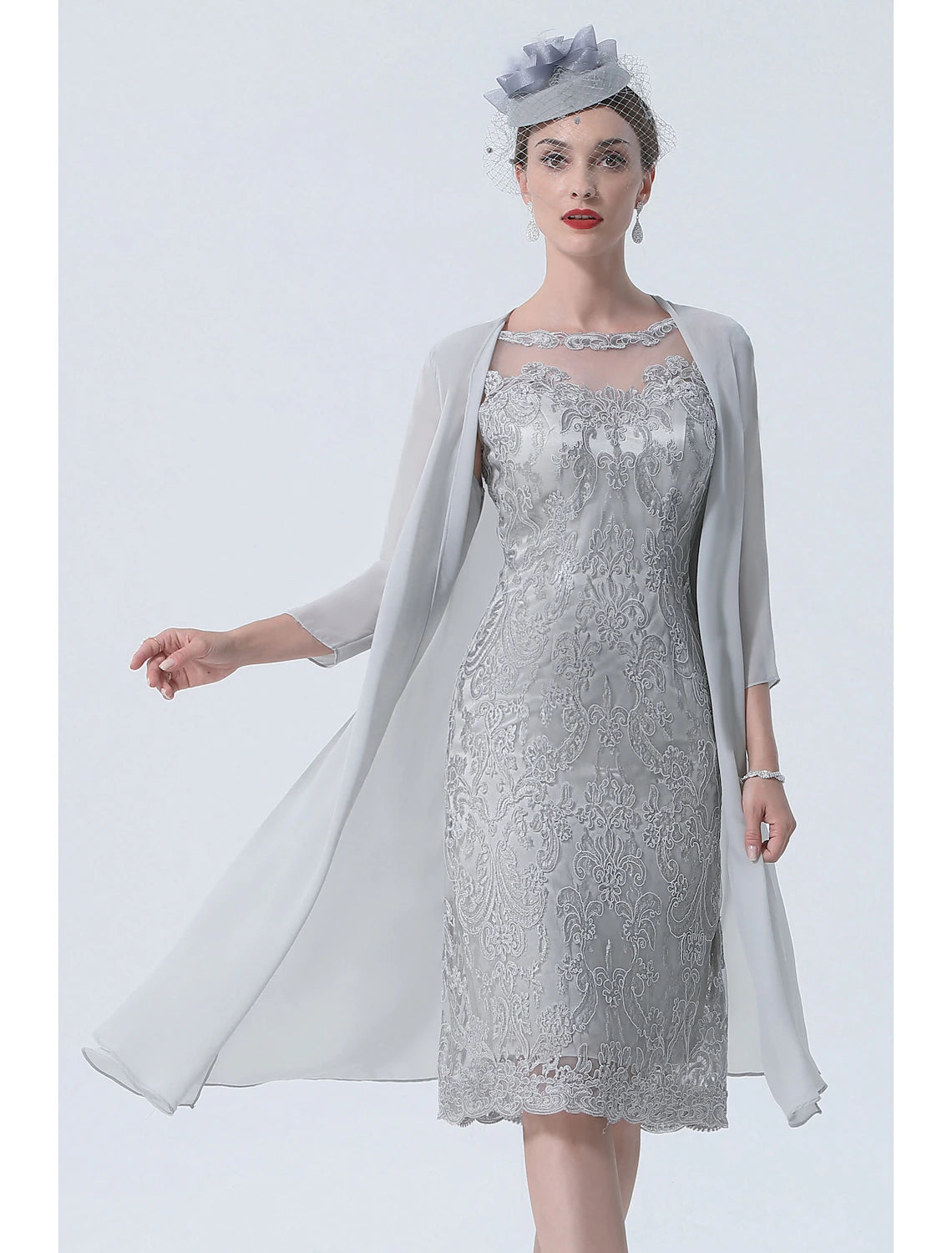 wholesale  Two Piece Mother of the Bride Dress Church Vintage Plus Size Sexy Jewel Neck Tea Length Chiffon 3/4 Length Sleeve with Lace