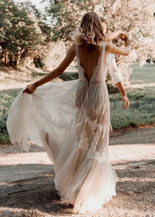 Wholesa Bohemian V-Neck Backless Romantic Dreamy Bridal Gowns Wedding Dresses