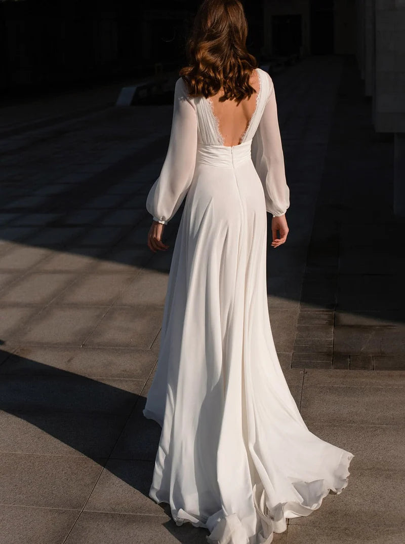 Wholesa A-Line Boho V Neck Long Sleeve Wedding Dress