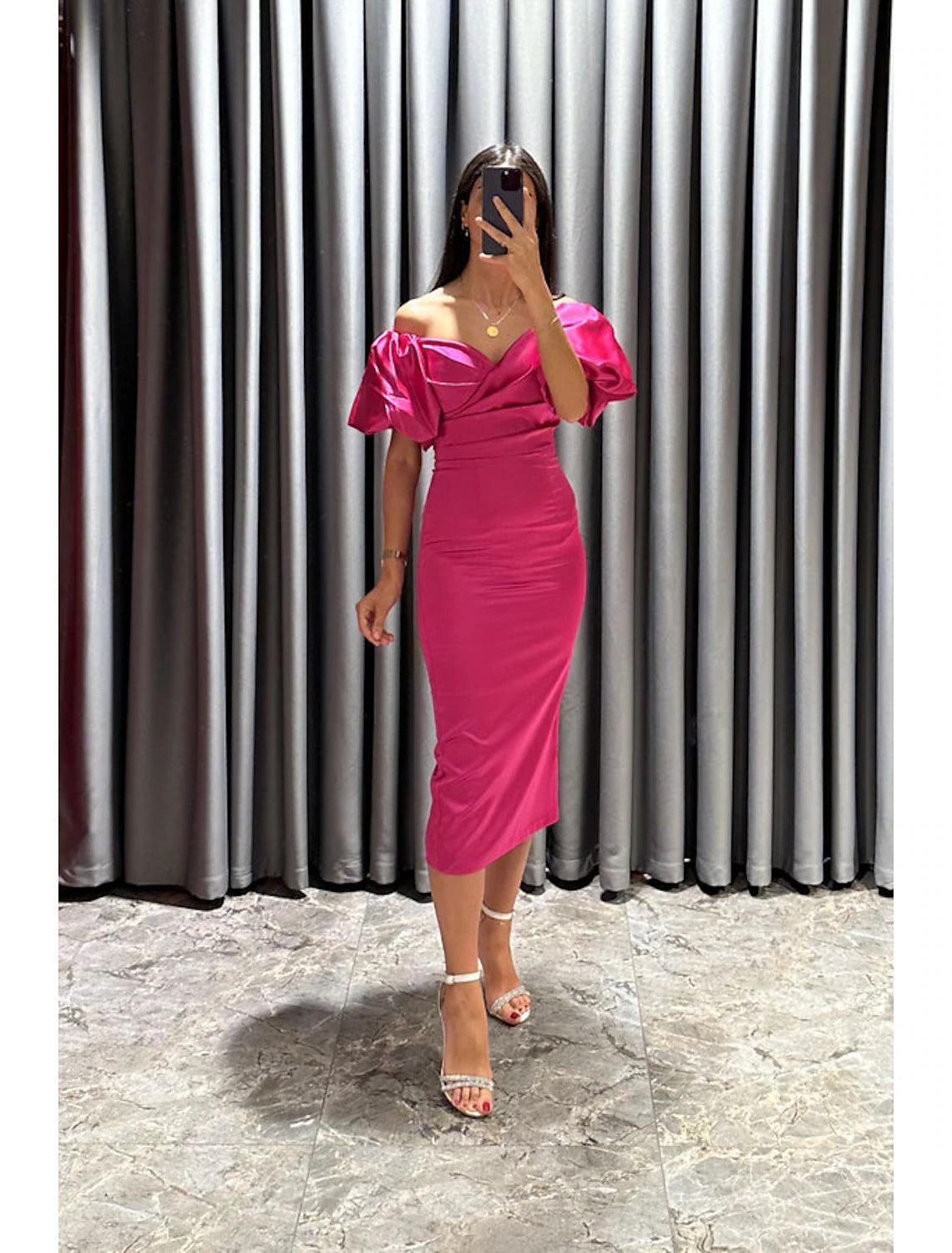 wholesale  Sheath / Column Cocktail Dresses Party Dress Formal Fall Tea Length Short Sleeve Off Shoulder Satin with Ruched Slit
