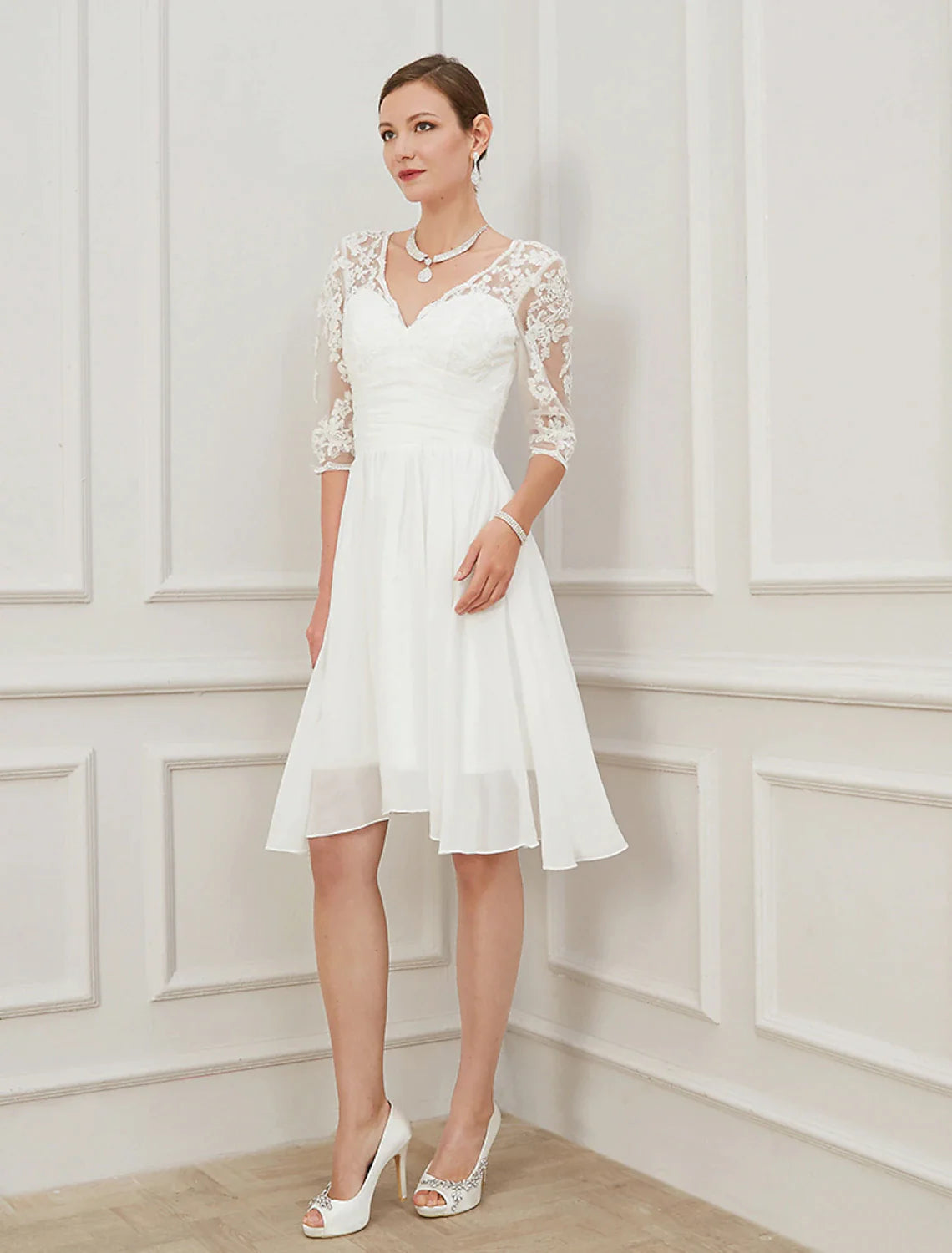 Wholesa Bridal Shower Little White Dresses Wedding Dresses Knee Length A-Line Half Sleeve V Neck Chiffon With Draping Appliques
