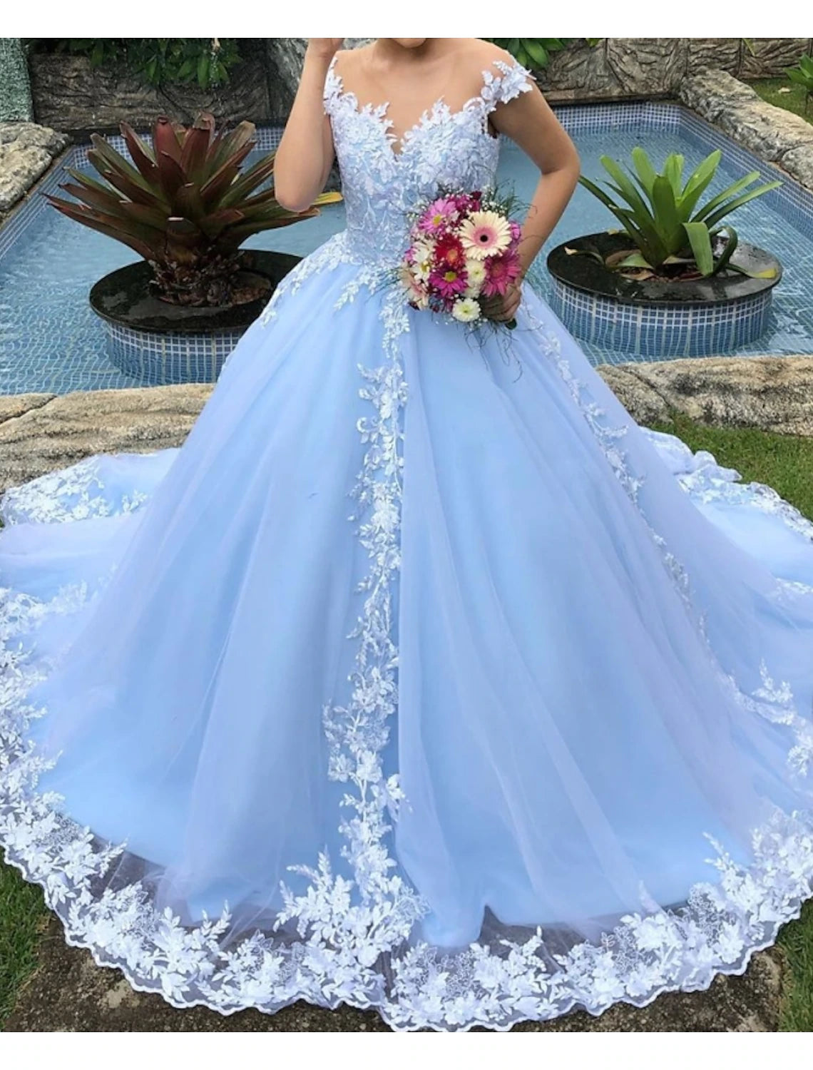 wholesale  Engagement Fall Wedding Dresses in Color Formal Ball Gown V Neck Cap Sleeve Chapel Train Lace Bridal Gowns With Appliques