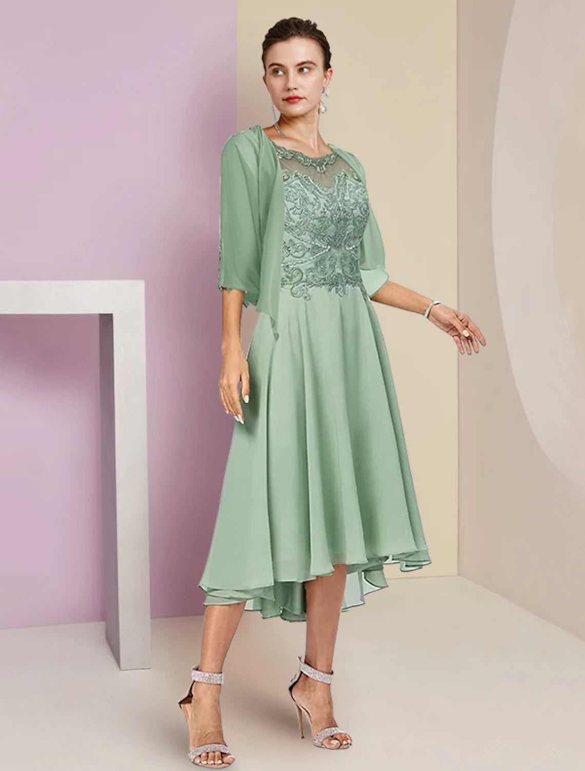 wholesale  Two Piece A-Line Mother of the Bride Dress Formal Wedding Guest Elegant High Low Scoop Neck Asymmetrical Tea Length Chiffon Lace Half Sleeve Wrap Included with Beading Appliques