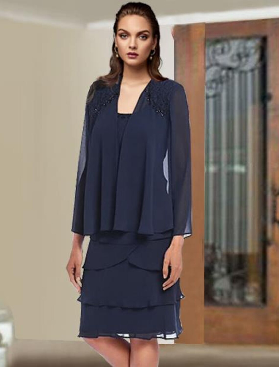 wholesale  Two Piece Sheath / Column Mother of the Bride Dress Elegant Scoop Neck Knee Length Chiffon Lace Sleeveless Wrap Included with Beading Ruffles