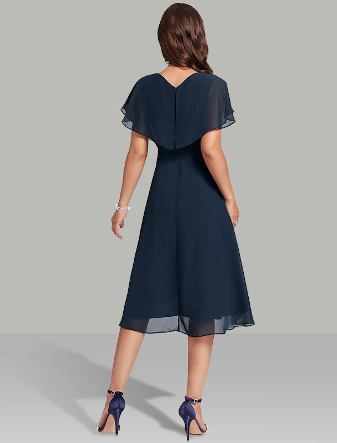 Wholesa  A-Line Wedding Guest Dresses Elegant Dress Semi Formal Tea Length Short Sleeve V Neck Belt / Sash Chiffon with Beading