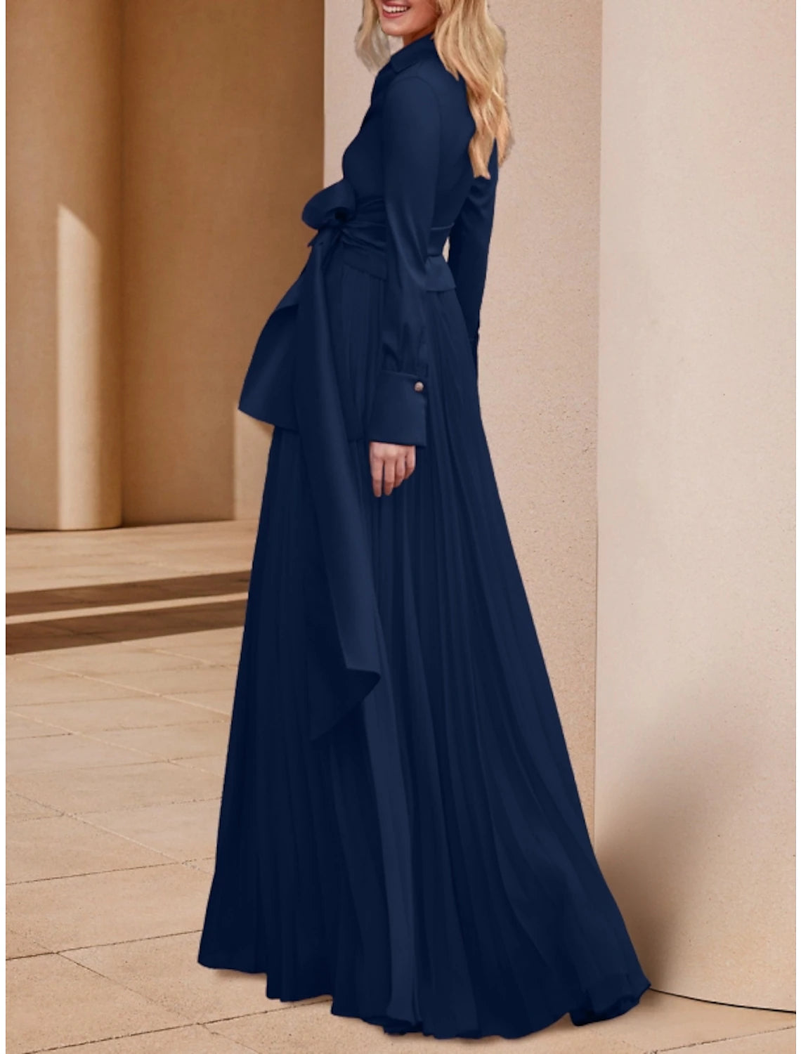 Wholesa A-Line Mother of the Bride Dress Wedding Guest Elegant V Neck Floor Length Stretch Chiffon Long Sleeve with Bow(s) Ruching Solid Color