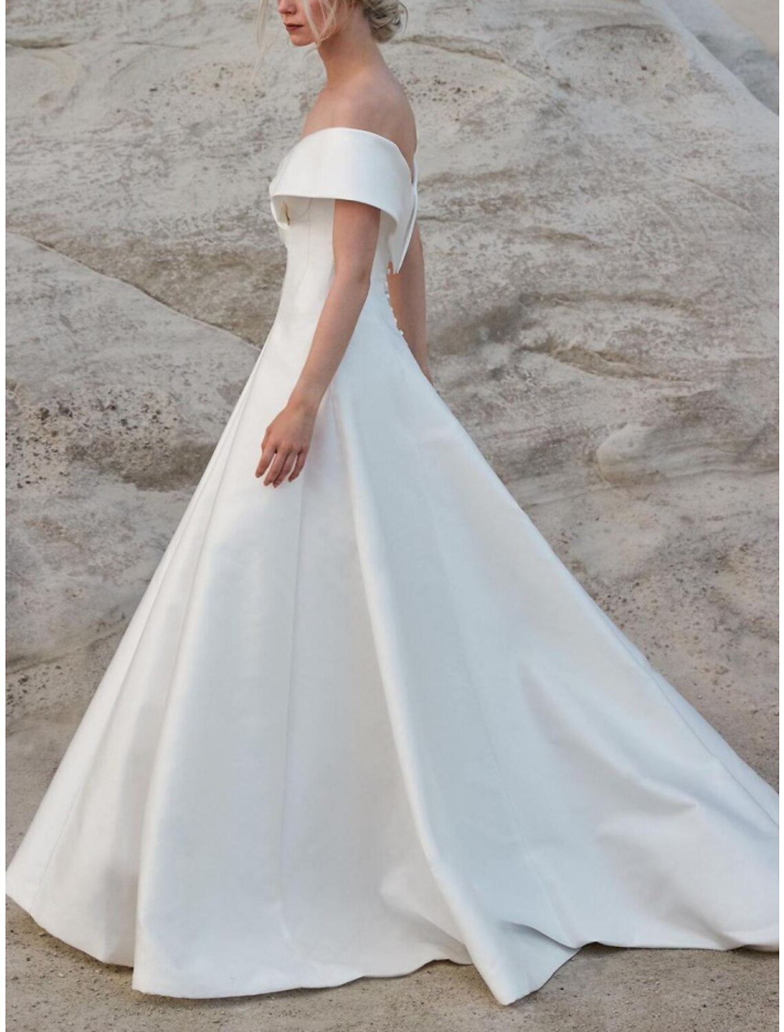 Wholesa  Hall Formal Wedding Dresses A-Line Off Shoulder Short Sleeve Sweep / Brush Train Satin Bridal Gowns With Pleats Solid Color