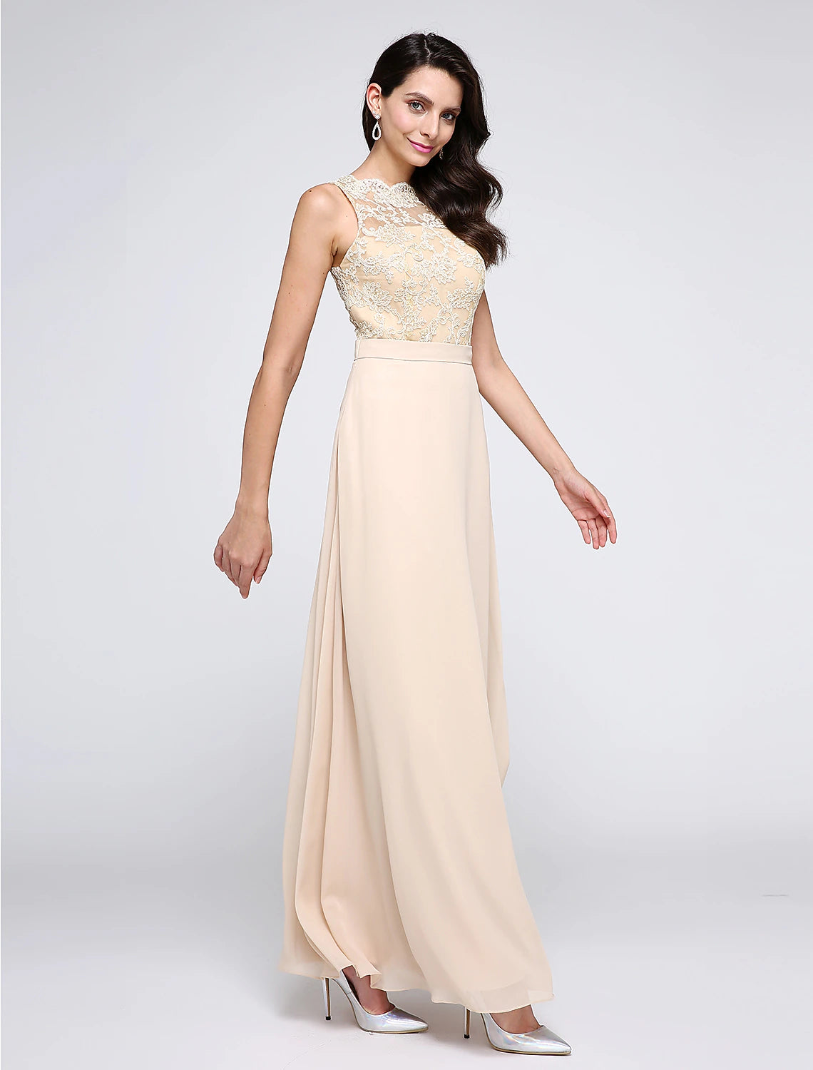 wholesale   Sheath / Column Beautiful Back Dress Holiday Cocktail Party Ankle Length Sleeveless Jewel Neck Chiffon with Lace