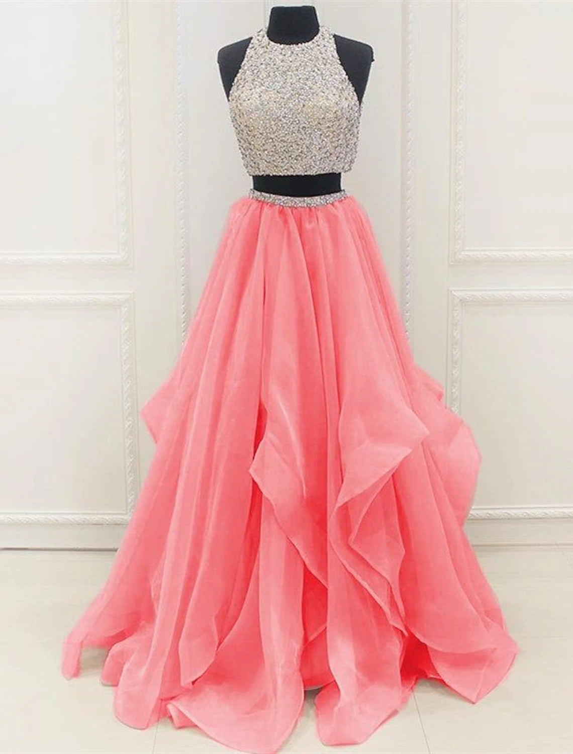 wholesale  Two Piece Ball Gown Prom Dresses Sparkle & Shine Dress Party Wear Prom Floor Length Sleeveless Halter Neck Organza with Sequin