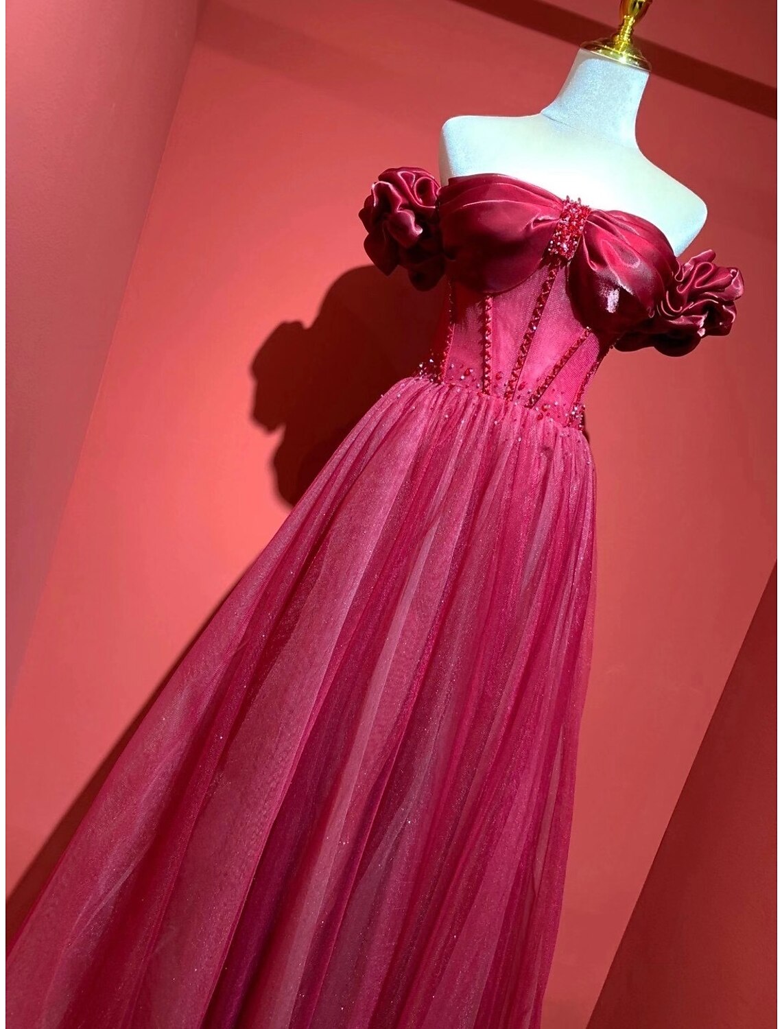 Wholesa A-Line Prom Dresses Empire Dress Prom Formal Evening Sweep / Brush Train Short Sleeve Sweetheart Tulle with Pleats Beading