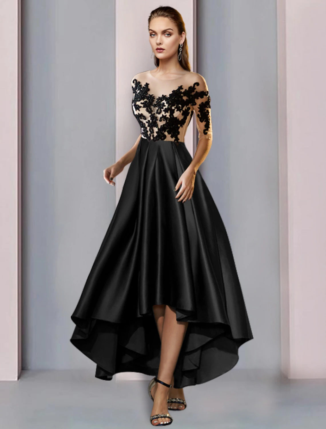 wholesale  A-Line Mother of the Bride Dress Wedding Guest Vintage Elegant Illusion Neck Asymmetrical Satin Lace Half Sleeve with Pleats