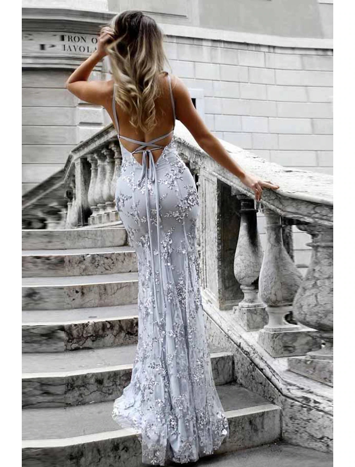 Wholesa Mermaid / Trumpet Prom Dresses Sparkle & Shine Dress Formal Wedding Party Sweep / Brush Train Sleeveless V Neck Lace with Sequin