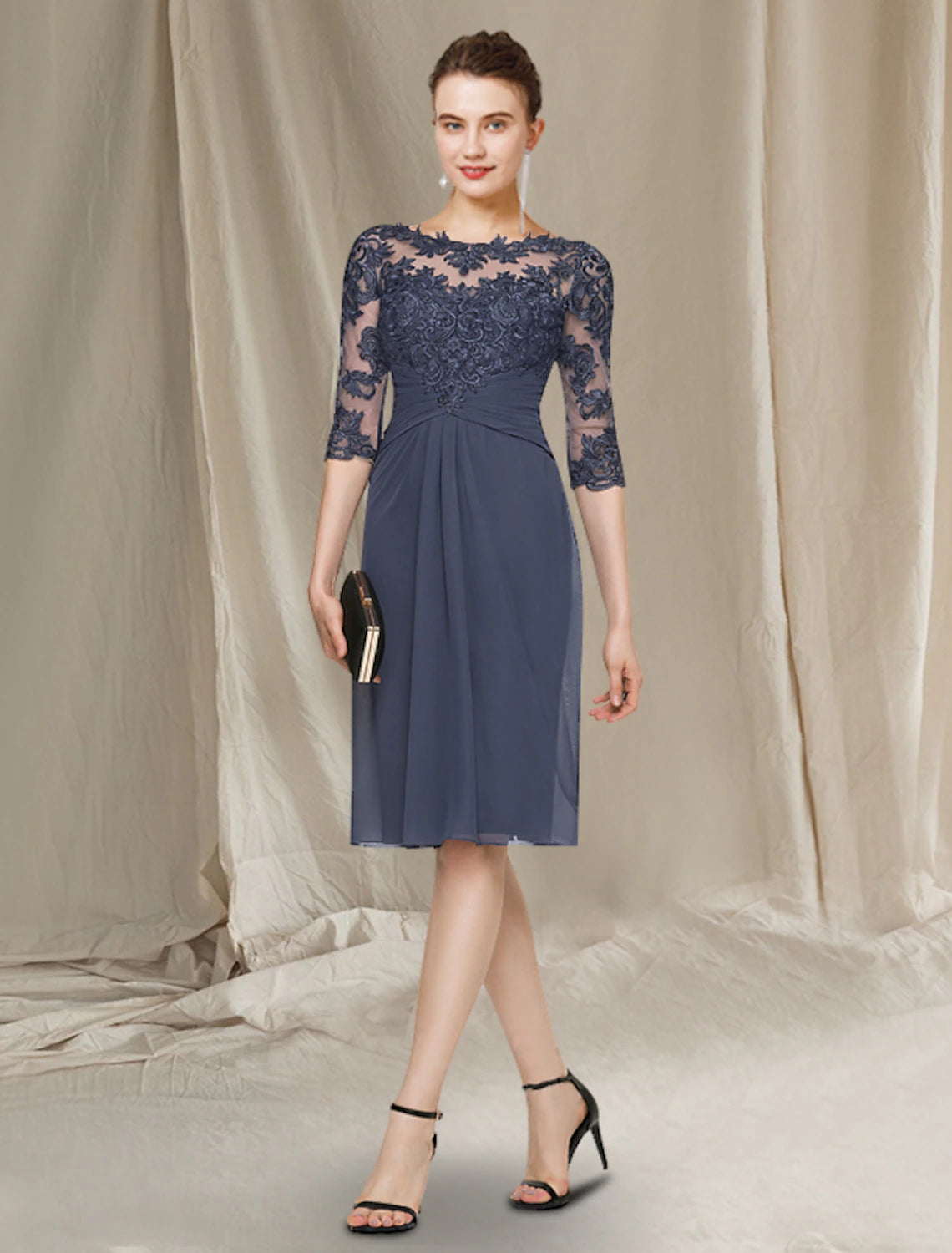 wholesale  Sheath / Column Mother of the Bride Dress Elegant Jewel Neck Knee Length Chiffon Lace Half Sleeve with Ruched Appliques