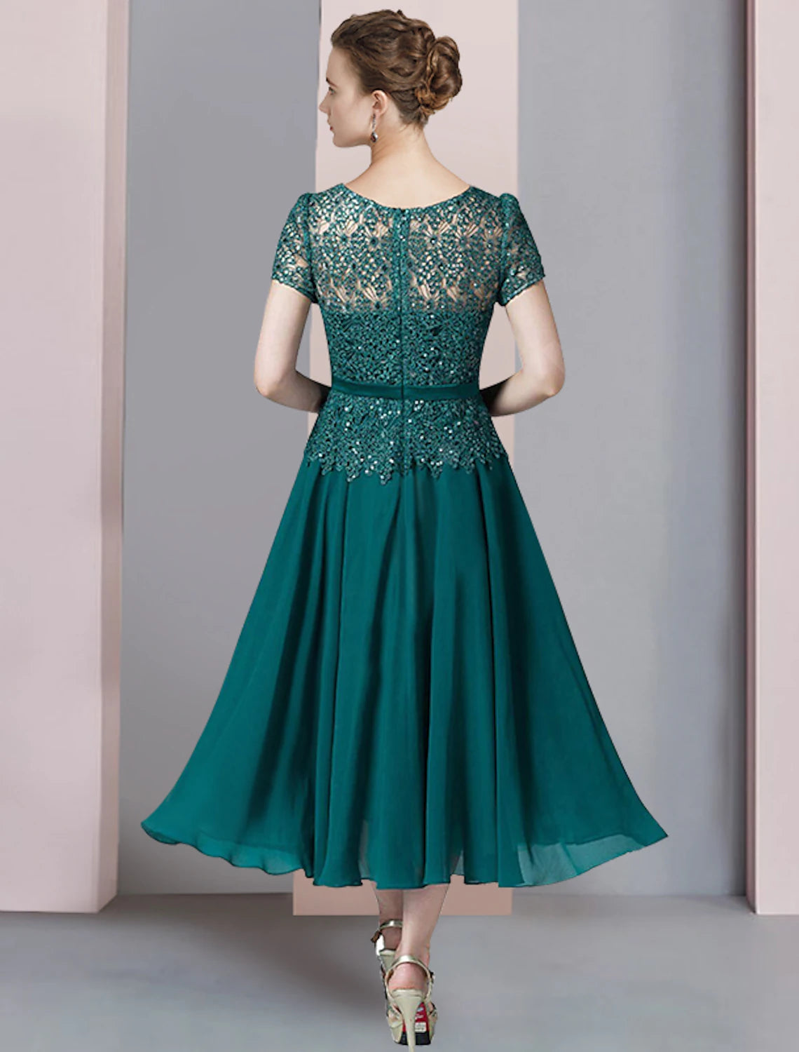 wholesale  Two Piece A-Line Mother of the Bride Dress Formal Wedding Guest Elegant V Neck Tea Length Chiffon Lace Short Sleeve Wrap Included with Sequin Appliques