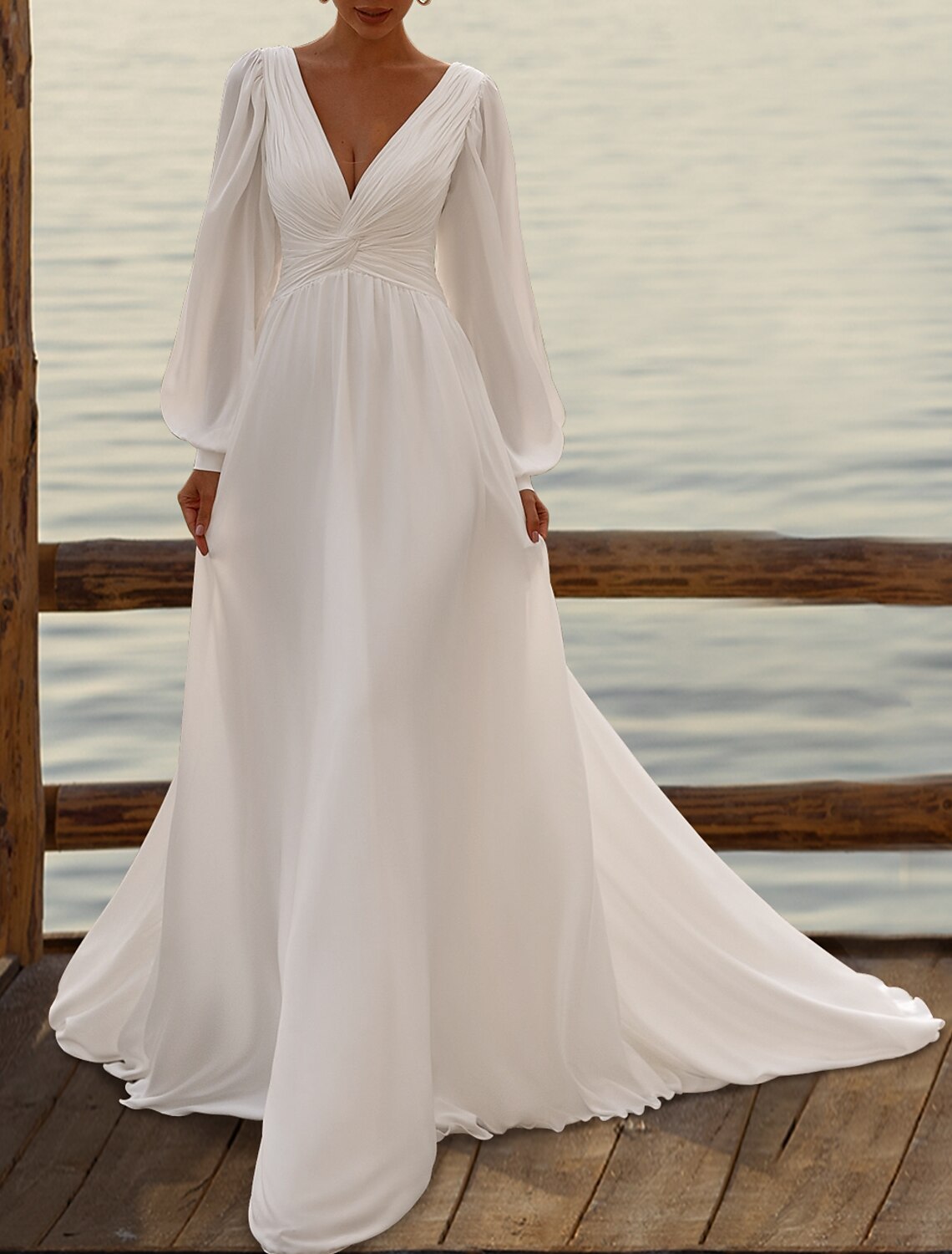 Wholesa  Simple Wedding Dresses Wedding Dresses A-Line Camisole Sleeveless Tea Length Chiffon Bridal Gowns With Pleats Solid Color