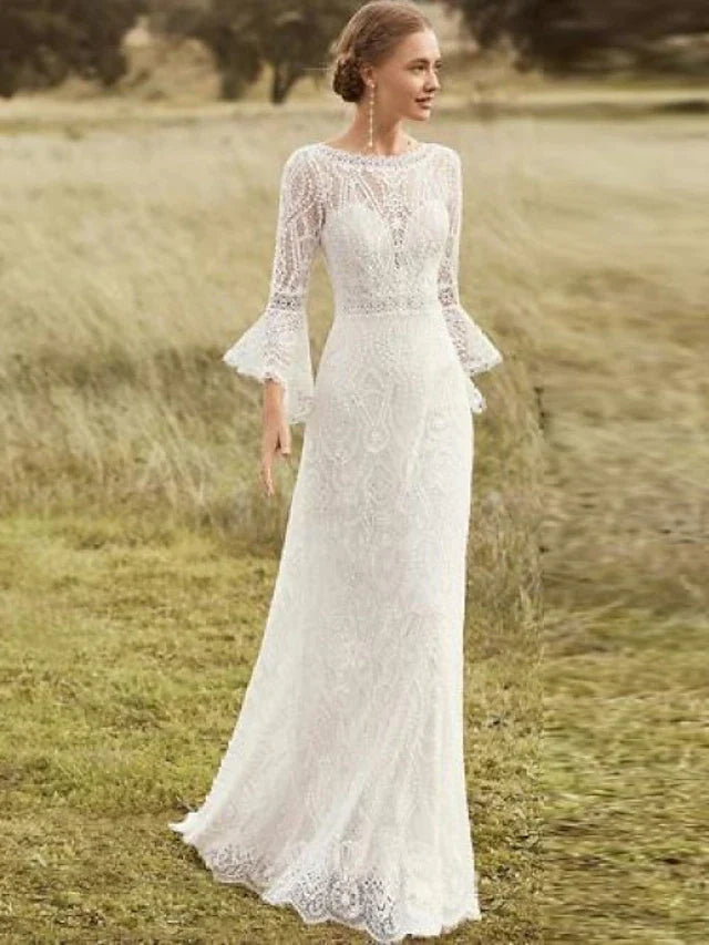 Wholesa Beach Boho Wedding Dresses Court Train A-Line Long Sleeve Jewel Neck Lace With Lace Solid Color