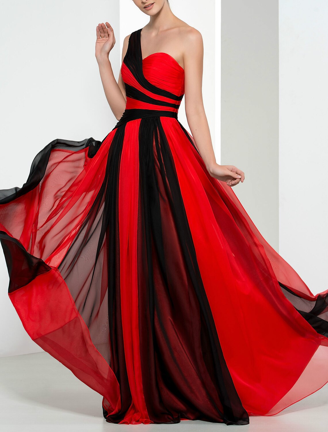 Wholesa Sheath / Column Color Block Sexy Wedding Guest Formal Evening Dress One Shoulder Sleeveless Floor Length Chiffon with Pleats