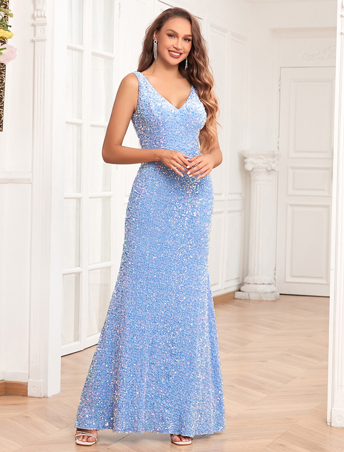 Wholesa Mermaid / Trumpet Evening Gown Elegant Dress Evening Party Prom Floor Length Sleeveless V Neck Bridesmaid Dress Sequined V Back with Sequin